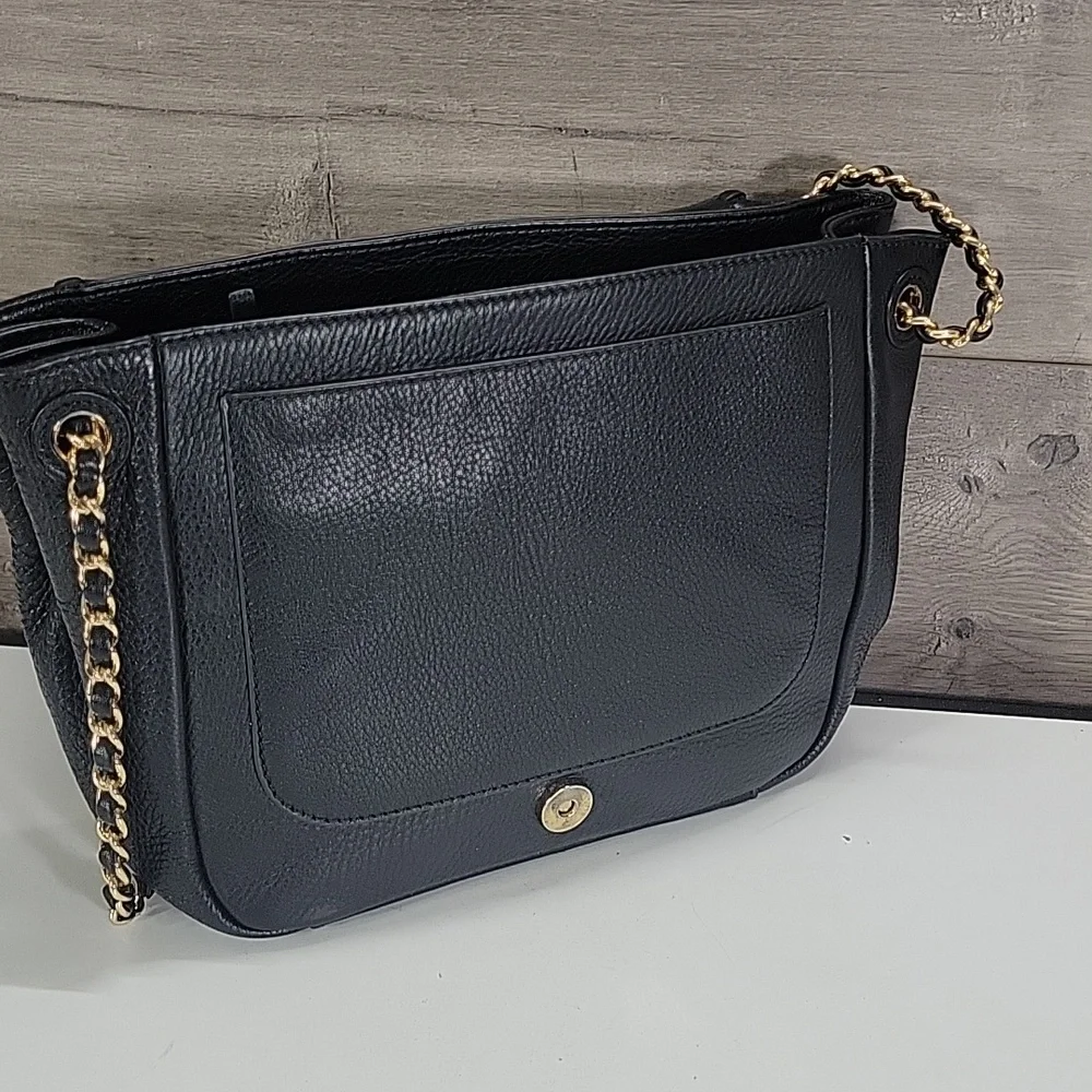 Tory Burch Flap Front Pebble Black Leather Shoulder Bag with Gold Chain-Strap